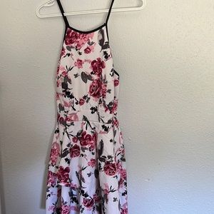 White with pink and grey flowers dress, size 13, for at the top, flowy bottom